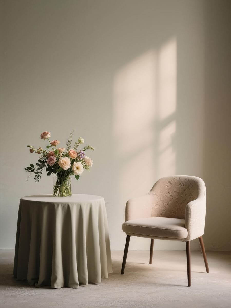 A softly lit room with a table, flowers, and an armchair