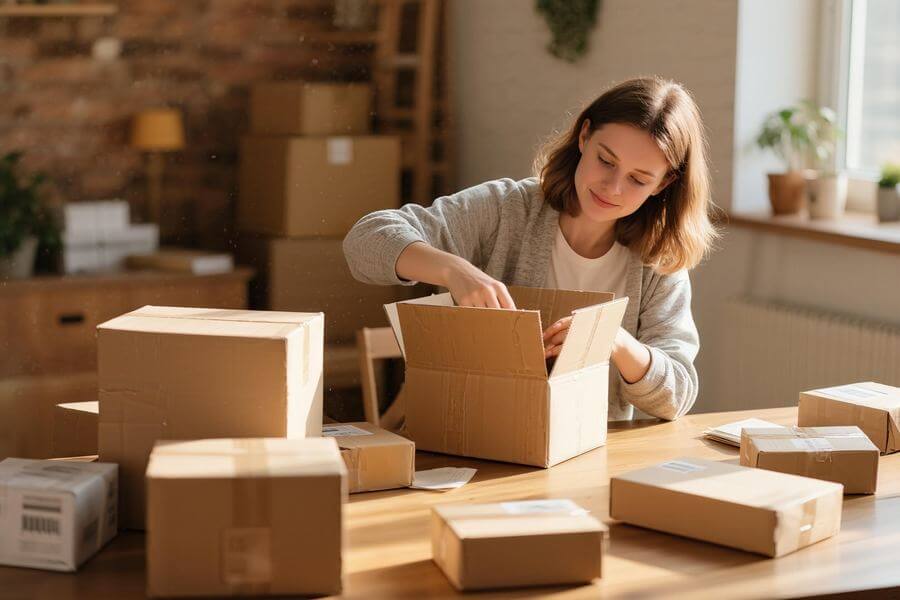 A store manager packing parcels at a home studio