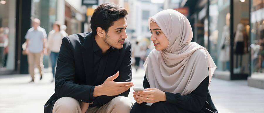 Two people talking on a city street