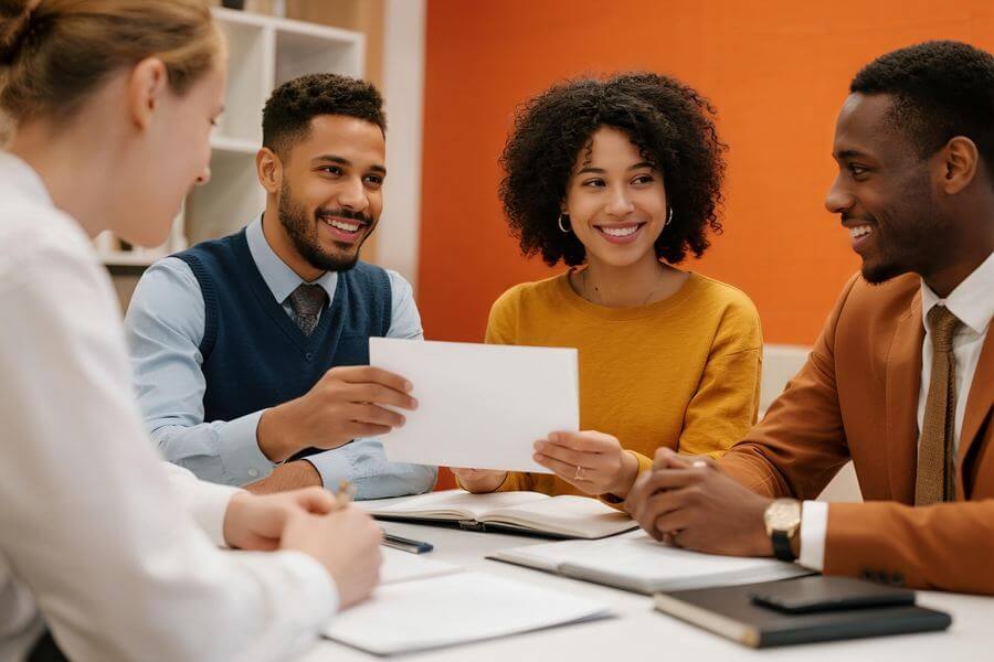 Colleagues smiling in a meeting