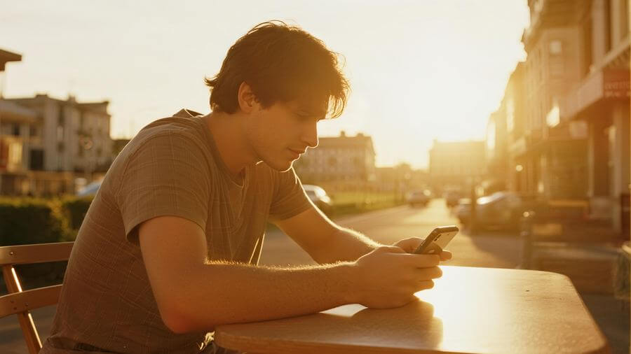 A person using a phone at sunset